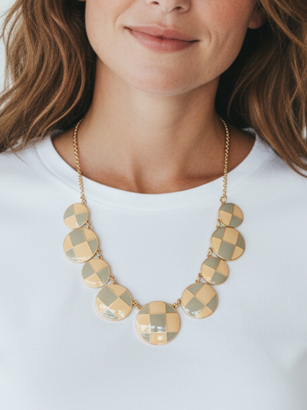 Gold-Tone Checker Disc Enamel Statement Necklace